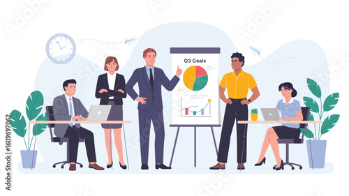  Team presentation in office with flip chart showing pie, bar, and line graphs, highlighting data analysis, teamwork, and strategic planning