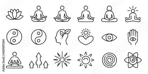 Mindfulness Icons: A simple line art illustration depicts a collection of symbols representing meditation, spirituality, and inner peace.