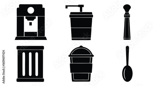 Unique Set of Fill Color Black Coffee Elements Simple silhouette icons of coffee pot cup