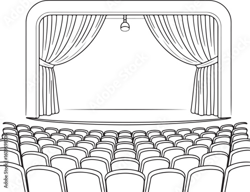 engraving vintage Line art theater stage seats arrangement curtain art vector	
