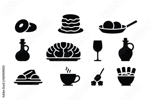 Stacked pancakes wine glass olive oil bottle brain bread coffee cup sugar cubes and french fries