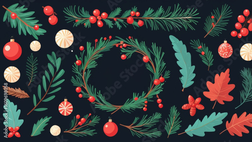 Set of Christmas elements for typographic design. Leaves, branches, berries, pine cones and a round frame for wreaths. Vector illustration in modern style.