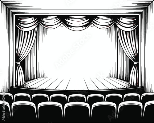 engraving vintage Line art theater stage seats arrangement curtain art vector	

