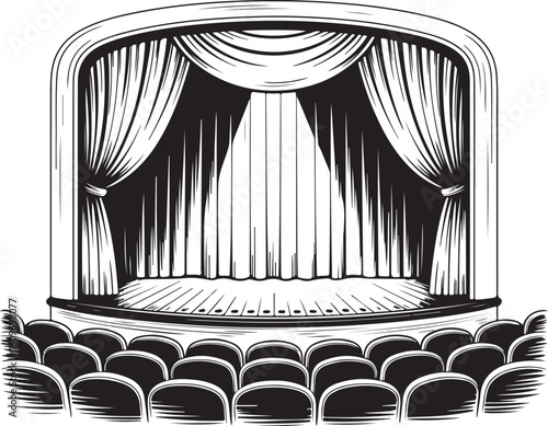 engraving vintage Line art theater stage seats arrangement curtain art vector	
