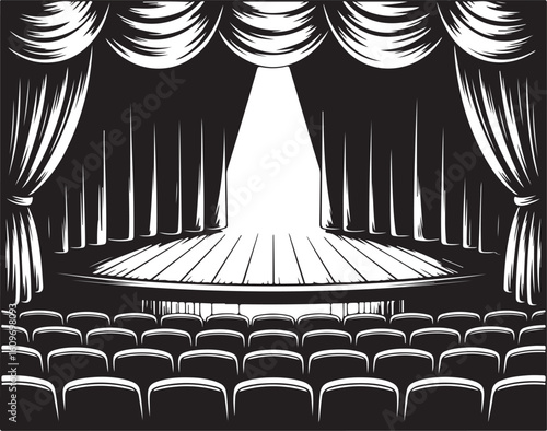 engraving vintage Line art theater stage seats arrangement curtain art vector	
