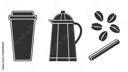 Unique Set of Fill Color Black Coffee Elements Simple silhouette icons of coffee pot cup
