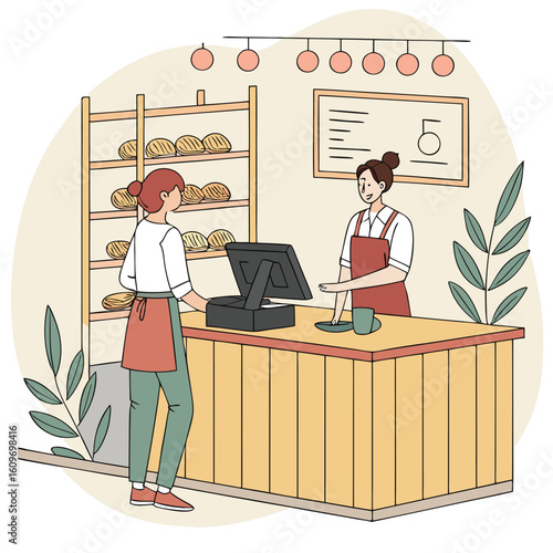 Modern coffee shop owner serving customers behind the counter with a point of sale system illustration