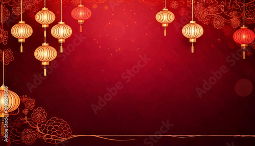 Happy Chinese new year banner with spring couplet, lanterns and peonies on red background. Best wishes for a happy new year and the first day of Chinese New Year.