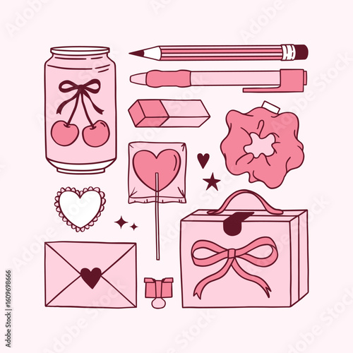 Vector hand drawn set of Coquette elements Back to School illustration. Vintage bows, cherry, pen, pencil, eraser, cherry soda, lunchbox, lollipop, scrunchie