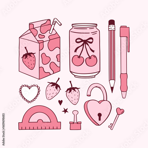 Vector hand drawn set of Coquette elements Back to School illustration. Trendy bows, cherry, pen, pencil, eraser, cherry soda, strawberry milk, protractor, school locker lock