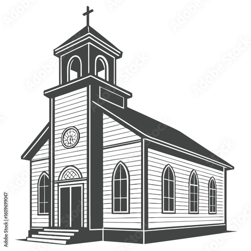 Vector art of a classic wooden church building with a steeple and cross