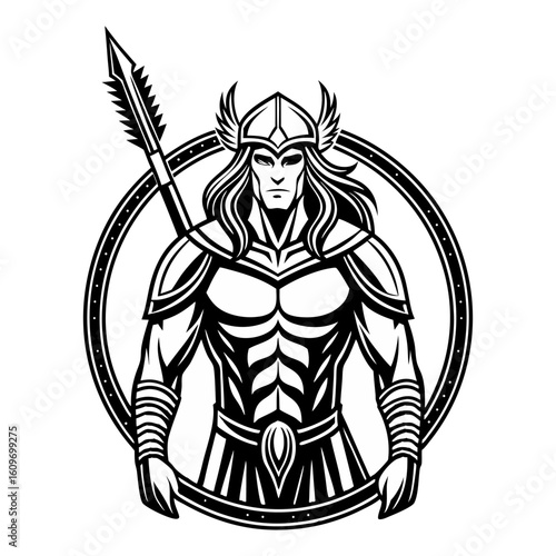 Mythical Warrior Illustration in Black and White with Spear, Helmet, and Armor – Fantasy Heroic Character Design for Game or Tattoo Art