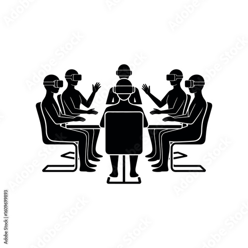 Six people wearing V R headsets sitting around a table in a meeting virtual reality group