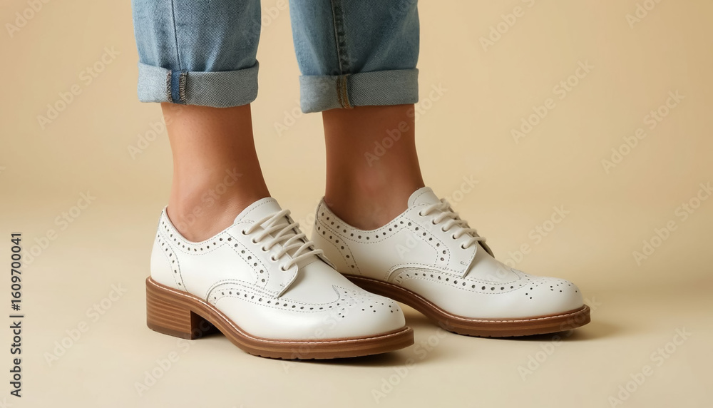 Women's legs in white comfortable shoes Women's legs in white comfortable shoes