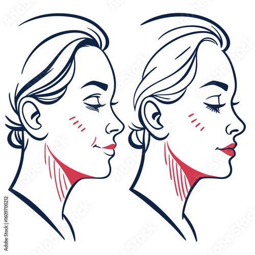 Before and After Illustration of Neck and Face Lift Cosmetic Procedure for Women