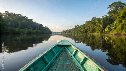 Canoe in the Amazon forest, Peru front side image.