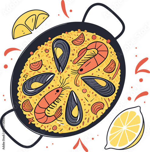 Vector art of top view of a delicious seafood paella dish with shrimp, mussels, and lemon