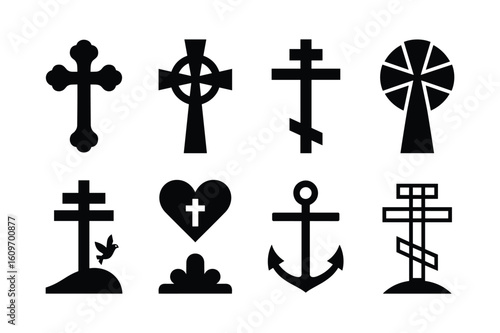 Various religious and symbolic crosses and anchors Celtic cross Orthodox cross