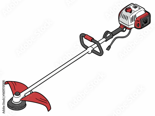 Gasoline brush cutter in isometric style, showcasing a red engine, black handles, rotating sharp blade, isolated on white.