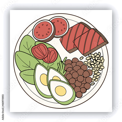 Plate of delicious beyti kebab, traditional Turkish dish of minced lamb grilled on skewer and wrapped in lavash topped with tomato sauce served with baked vegetables and yogurt