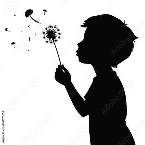 Silhouette of a child blowing dandelion seeds with scattered seeds isolated on white background