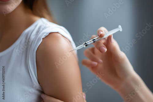 Close up of a person receiving an injection in the arm from a syringe needle shoulder