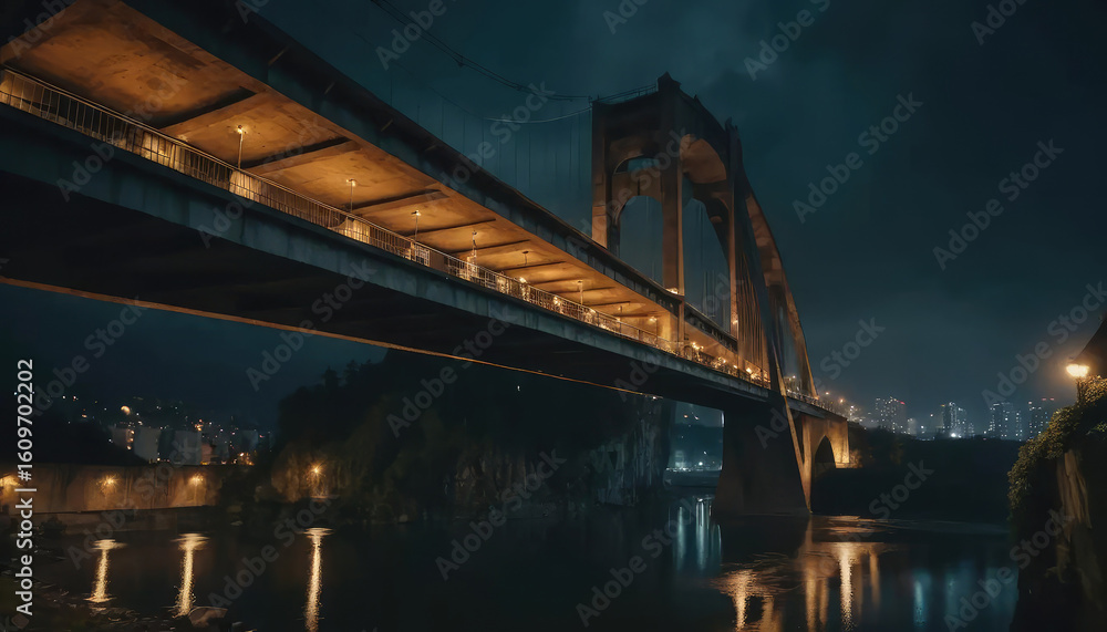 Obraz premium Hanging duplex house built under a giant bridge, urban gothic style, nighttime moody lighting, cinematic 8K view