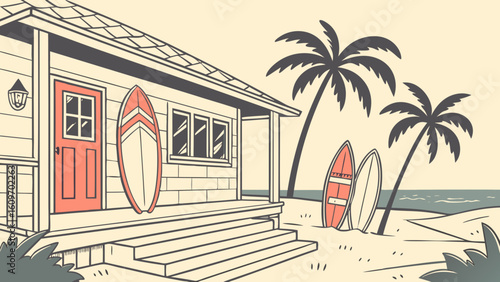 Beach house with surfboards and palm trees on a sandy shore