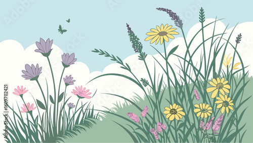 A picturesque meadow with diverse flowers and delicate butterflies