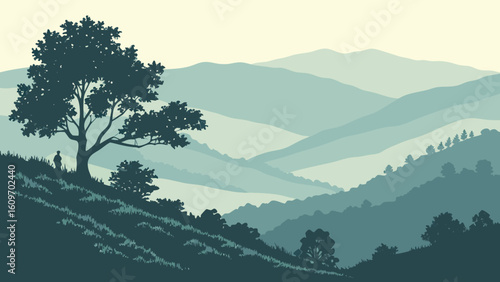 A lone figure contemplates a vast mountain landscape at dawn