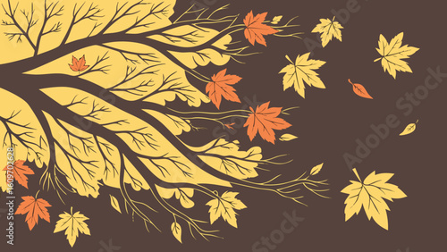 Autumn tree branches with falling leaves in warm seasonal colors