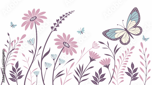 A delicate butterfly flutters among blooming flowers in a meadow