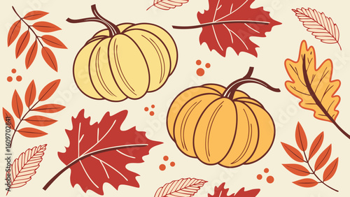A festive pattern of pumpkins and colorful autumn leaves for fall