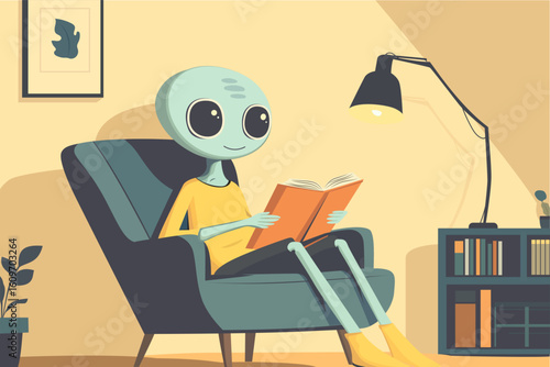 alien relaxing at home living room couch digital art clipart wallpaper background