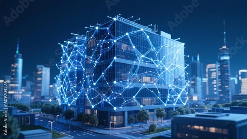Modern building illuminated with a digital network overlay in a cityscape at night