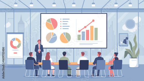  Modern office presentation with team seated around conference table, discussing charts and analytics shown on screen and flip chart