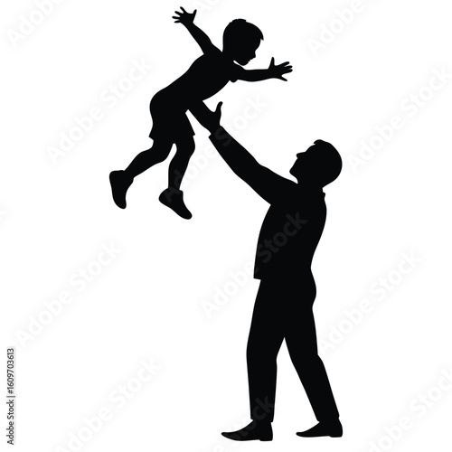 Silhouette of a father playfully lifting his child up in the air showing love and family bonding