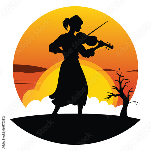 Silhouette of a female violinist performing with sunset and barren tree in background decorative vector art