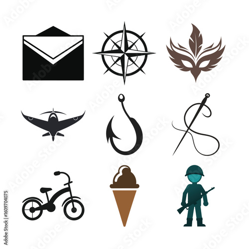 Black envelope compass airplane fishing hook needle bicycle ice cream cone soldier letter communication