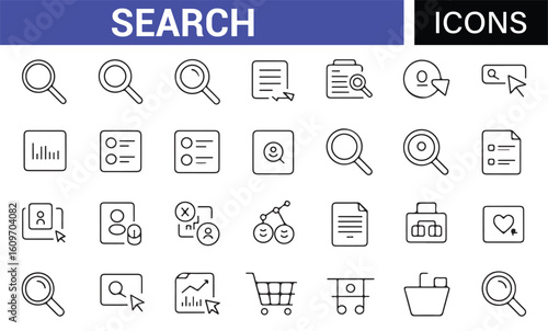 Business and Data Search Icons Including Magnifying Glass and Documents