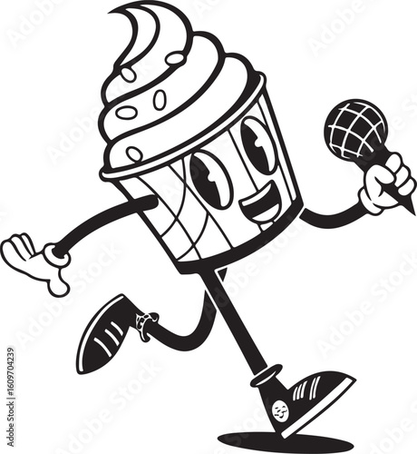 Retro Cartoon Ice Cream Cup Character Singing and Dancing, Black and White Illustration