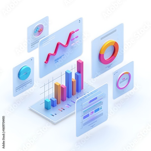 Isometric 3D data visualization dashboard with floating charts and graphs for business analytics and financial reporting concepts.
