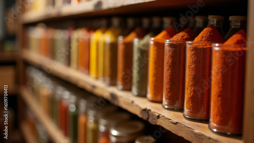 Wallpaper Mural Row of colorful spices in glass jars on wooden shelves in pantry. Torontodigital.ca
