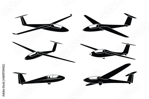 Black glider aircraft silhouettes in various flight positions airplane aviation