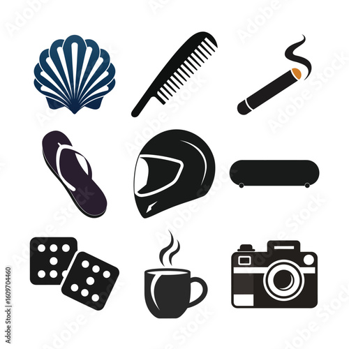 Nautical shell comb cigarette flip flop helmet skateboard dice coffee cup camera seashell hair comb
