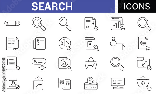 Search and Investigation Icons Featuring File, Documents, and Magnifier