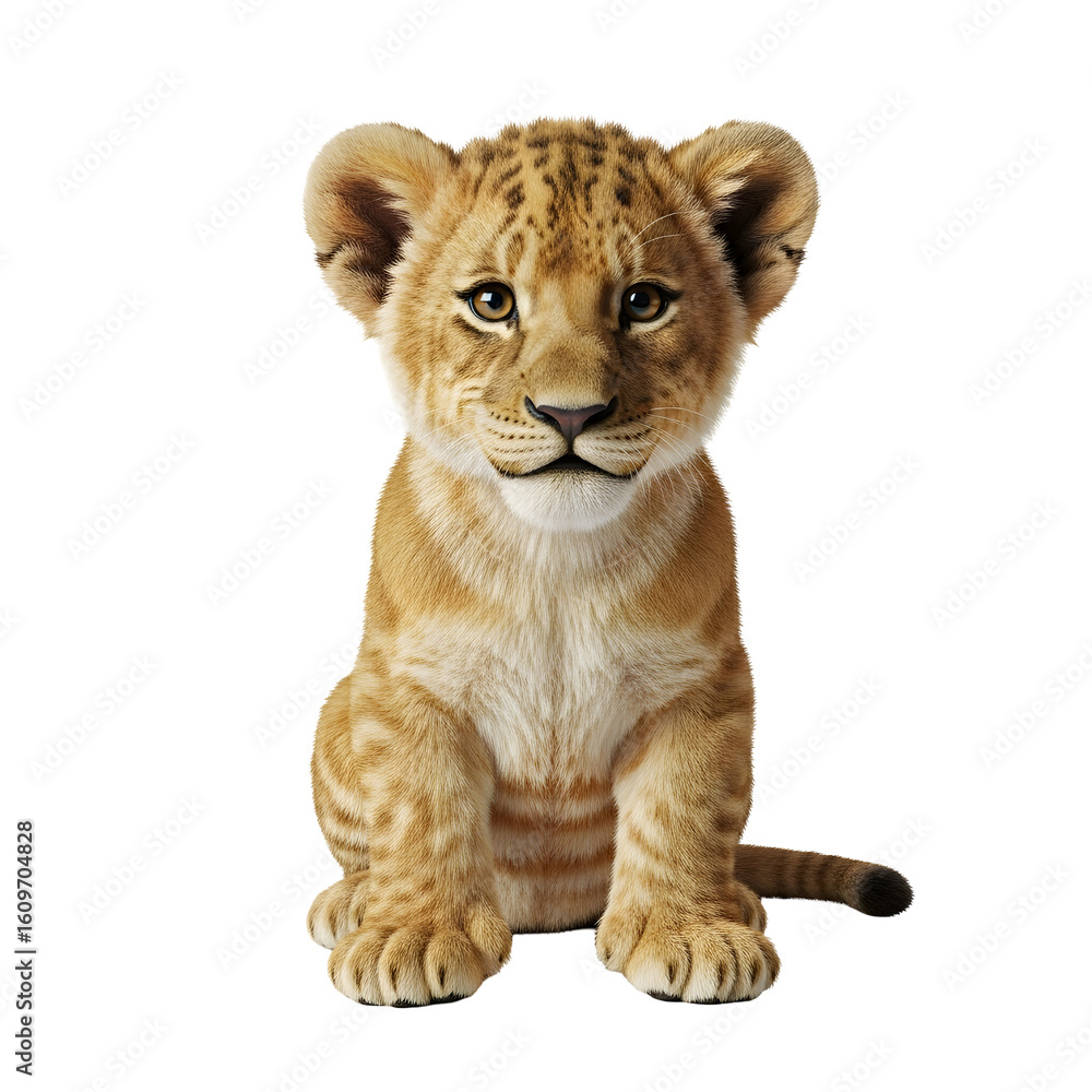 Adorable lion cub sits against black background Adorable lion cub sits against black background