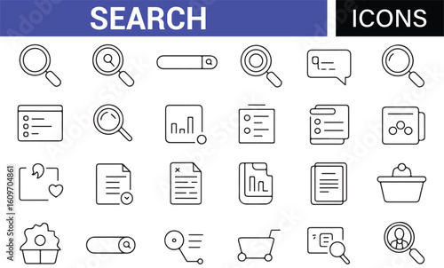 Set of Magnifying Glass and File Search Icons for Research and Data