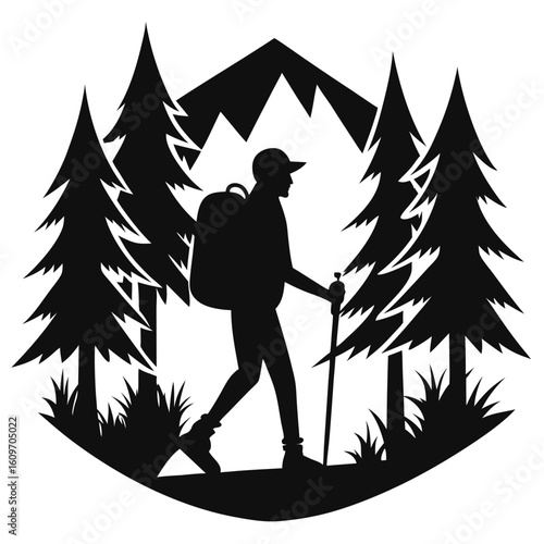 Silhouette of a hiker with backpack trekking through a forest depicting the outdoors and adventures in nature's embrace