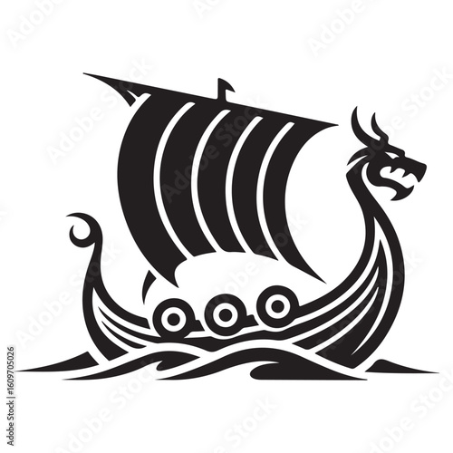 Graphic black and white illustration of a viking ship on the water